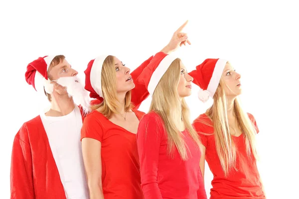 Groupe Personnes Costumes Noël Regarder Dans Les Airs — Photo