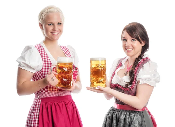 Dos Hermosas Chicas Dirndl Con Una Cerveza —  Fotos de Stock