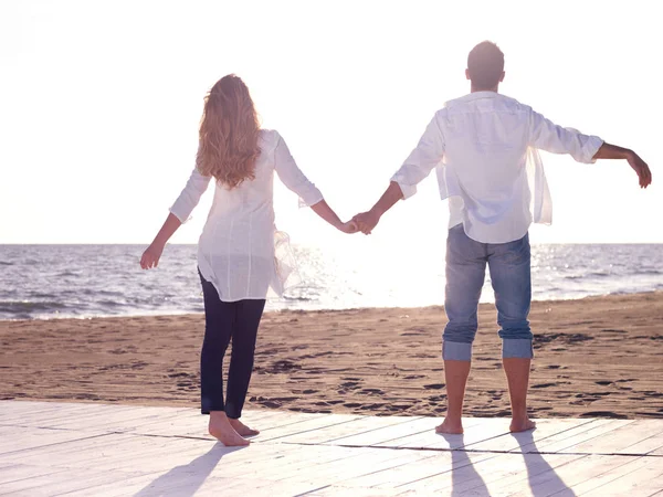 Glada Unga Romantiska Par Förälskade Kul Vacker Strand Vacker Sommardag — Stockfoto