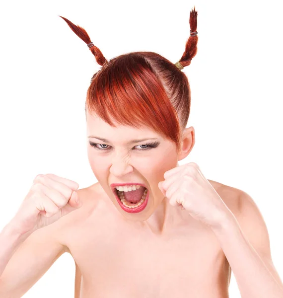 白で怒っている戦い悪魔の女の子の写真 — ストック写真