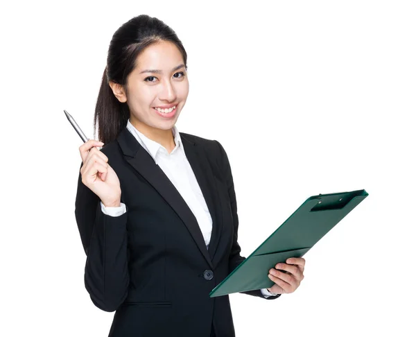 Business Woman Clipboard Pen Point Out — Stock Photo, Image