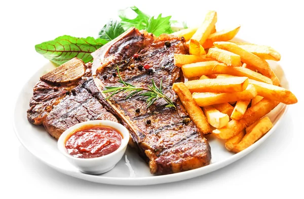 Tender Grilled Porterhouse Bone Steak Served Crisp Golden French Fries - Stock-foto