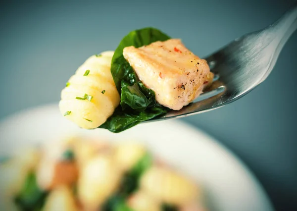 Forkful Grilled Salmon Italian Gnocchi Basil Seasoned Herbs Spices Suspended — Stock Photo, Image