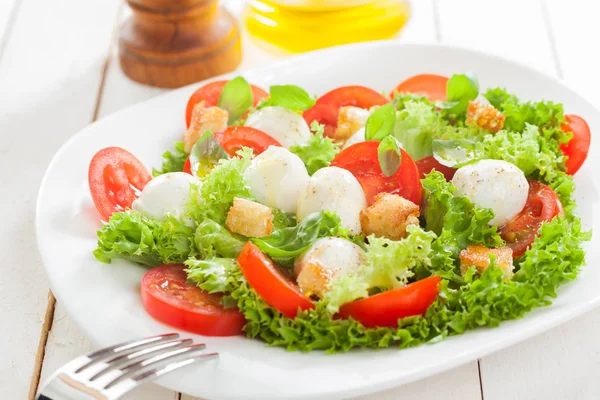 Lezzetli Talyan Mozzarella Salatası Kızarmış Ekmek Taze Domates Fırfırlı Marul — Stok fotoğraf