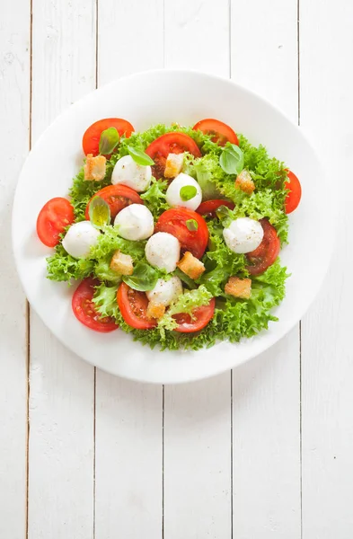 Salada Caprese Italiana Com Pérolas Mussarela Tomate Uma Cama Alface — Fotografia de Stock