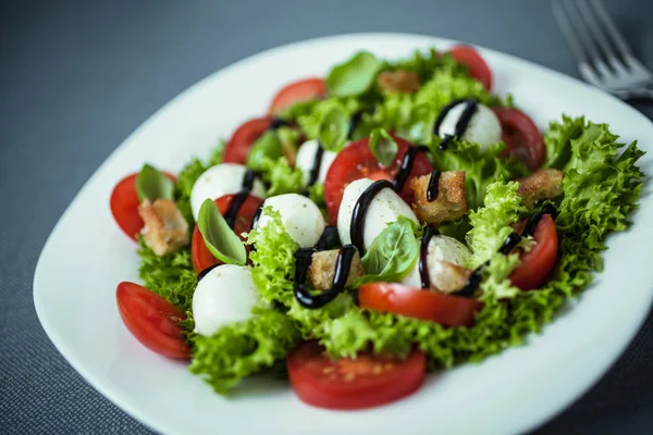 Italienischer Salat Mit Mozzarella Perlen Tomaten Knusprigen Croutons Und Salat — Stockfoto