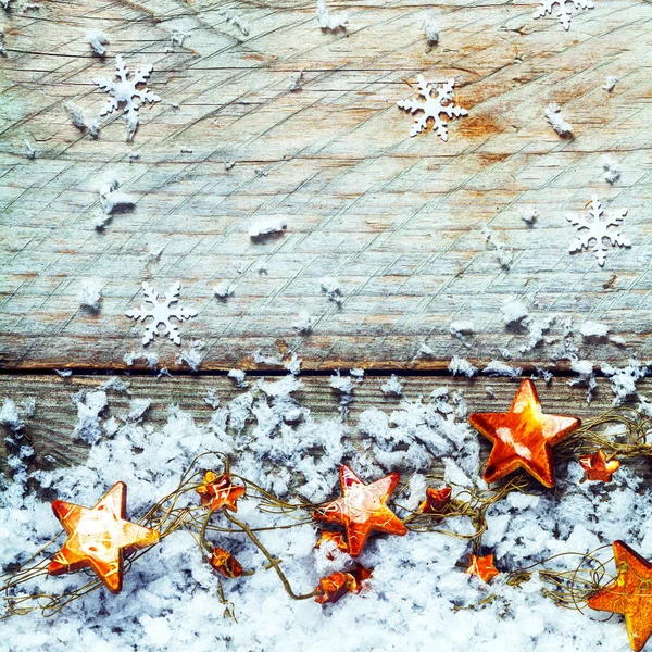 Golden Stars Snow Falling Snowflake Decorations Rustic Xmas Background Copyspace — Stock Photo, Image