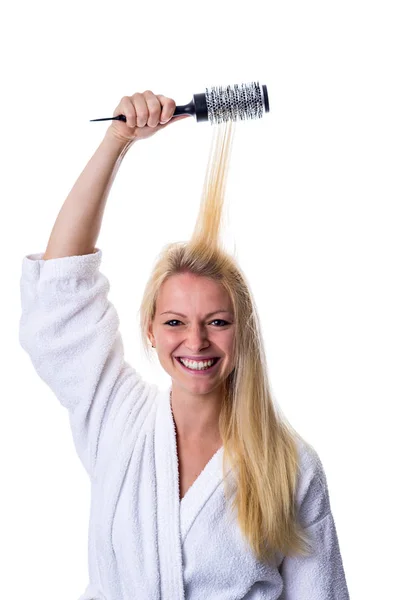 Blond Med Hårborste Handen — Stockfoto