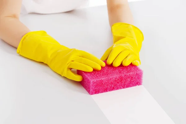 Cleaning Table Pink Sponge Protective Glove — Stock Photo, Image