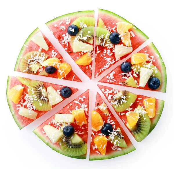 Pizza Melancia Frutas Tropicais Coloridas Coberta Com Kiwis Mirtilos Laranja — Fotografia de Stock