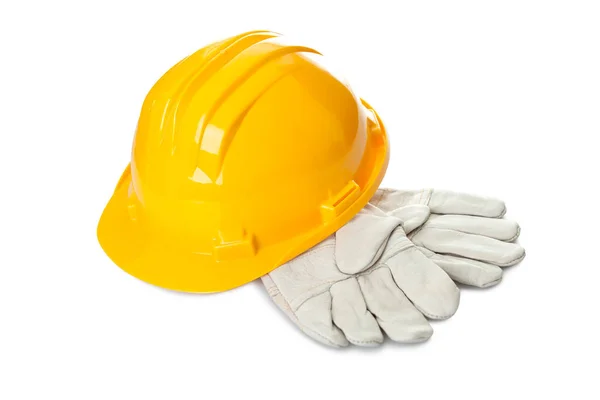 Cappello Rigido Giallo Sicurezza Guanti Industriali Isolati Sfondo Bianco — Foto Stock