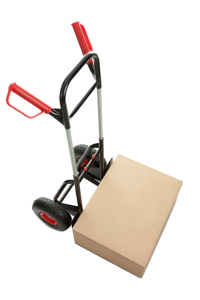 Brown Cardboard Box Hand Truck Isolated White Background — Stock Photo, Image