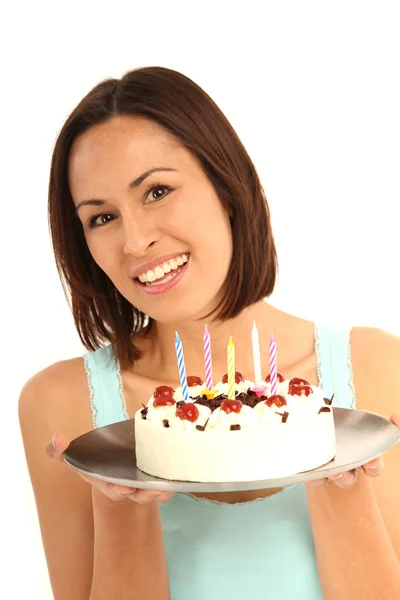 Porträt Einer Frau Mit Kuchen — Stockfoto