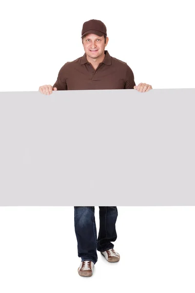 Postman Presenting Empty Banner Isolated White Background Stock Photo