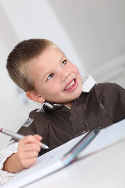 Porträt Eines Kleinen Jungen Bei Den Hausaufgaben — Stockfoto