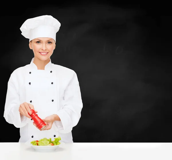 Koken Voedsel Concept Glimlachend Vrouwelijke Chef Kok Kok Baker Voorbereiding — Stockfoto