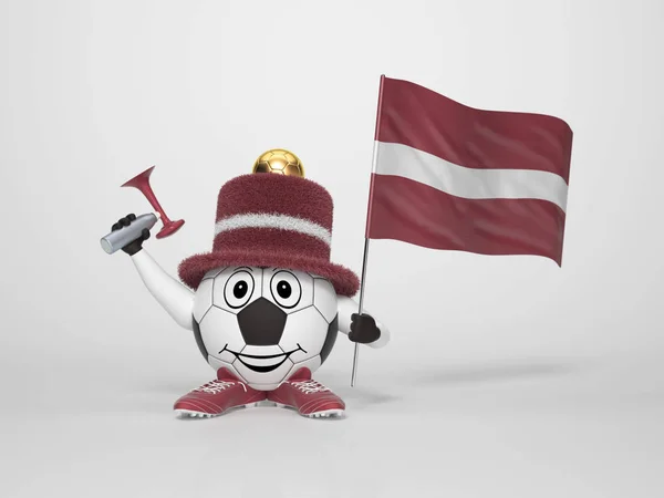 Simpatico Divertente Personaggio Calcistico Con Bandiera Nazionale Della Lettonia Corno — Foto Stock