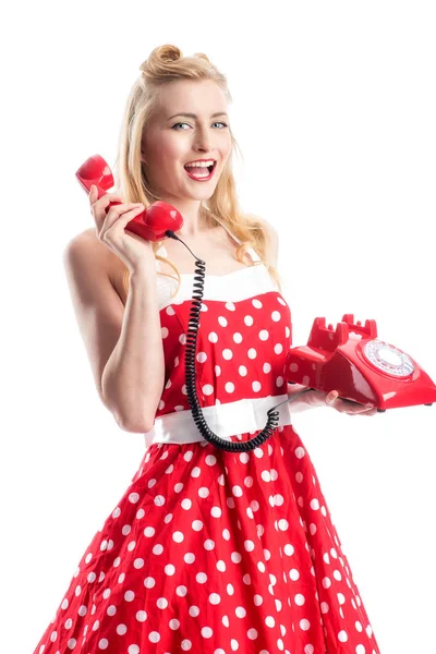Una Chica Rockabilly Está Teléfono Con Teléfono Rojo —  Fotos de Stock