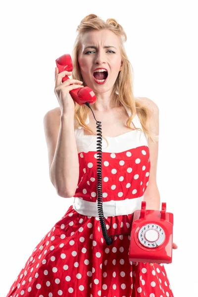 Kobieta Sukience Rockabilly Ryczy Czerwonego Odbiornika Telefonicznego — Zdjęcie stockowe