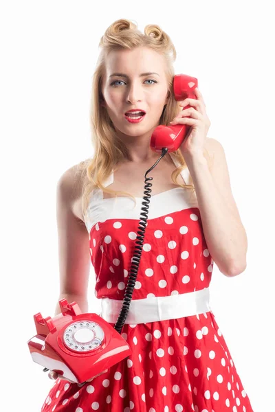 Kobieta Rockabilly Stylu Dzwoni Czerwonym Telefonem — Zdjęcie stockowe