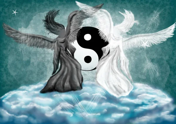 Yin Yang Fantasme Avec Les Anges Sur Les Nuages — Photo