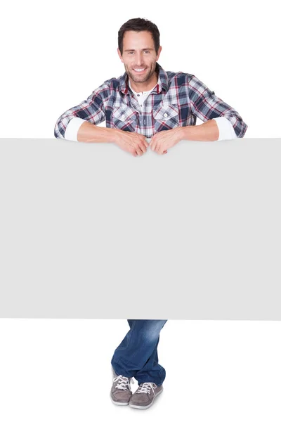 Happy Middle Age Man Presenting Empty Banner Isolated White — Stock Photo, Image