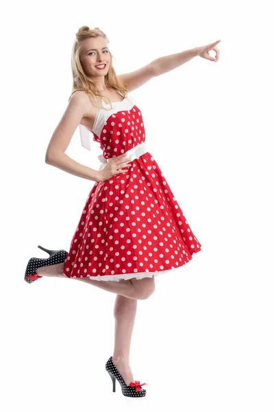 Woman Polka Dot Dress Gestikulliert Hands Royalty Free Stock Photos