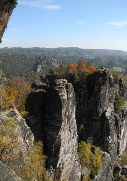 Bastei Basteifelsen Kilátás Kilátás Szikla Sziklák Hegymászó Sziklák Természet Táj — Stock Fotó