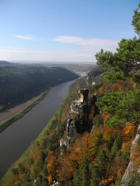 Bastei Basteifelsen Elbe Elbe Valley River Ship Freight Ship Rock — Stock Photo, Image