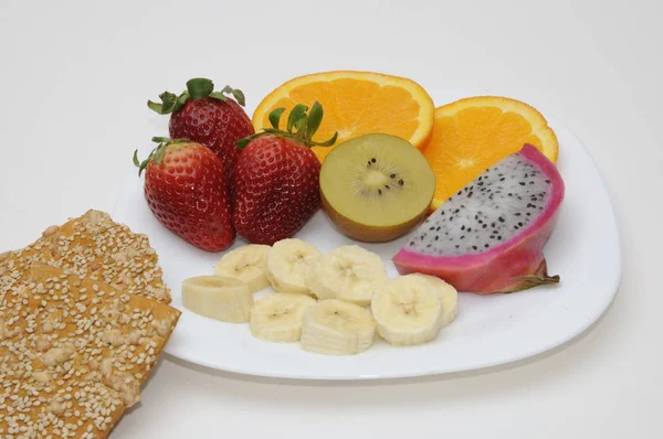 Fruit Knäckebröd Gezond Voedsel Fruit Fruit Banaan Sinaasappel Sinaasappel Aardbeien — Stockfoto