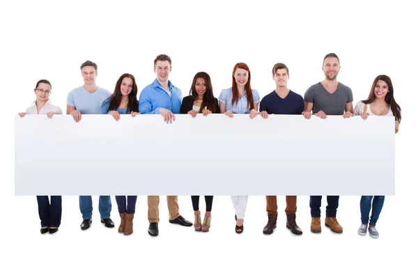 Diverse group of people presenting banner. Isolated on white