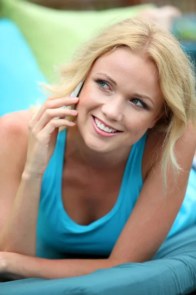 Portrait Beautiful Blond Woman Using Cellphone Stock Photo