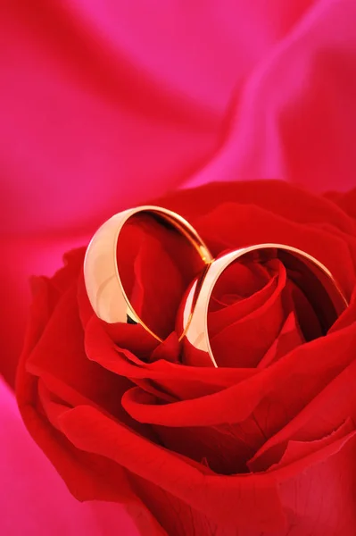 Δύο Χρυσά Δαχτυλίδια Κόκκινο Τριαντάφυλλο Κόκκινο Σατέν Φόντο — Φωτογραφία Αρχείου
