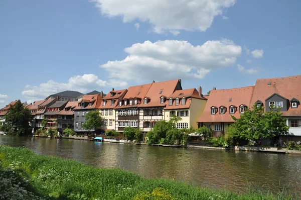 Regnitz Bamberg Franconia Bajorország Folyó Patak Hajó Kirándulóhajó Ház Kis — Stock Fotó