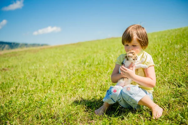 Kind Zitten Gras Spelen Met Haar Schattige Kitten — Stockfoto