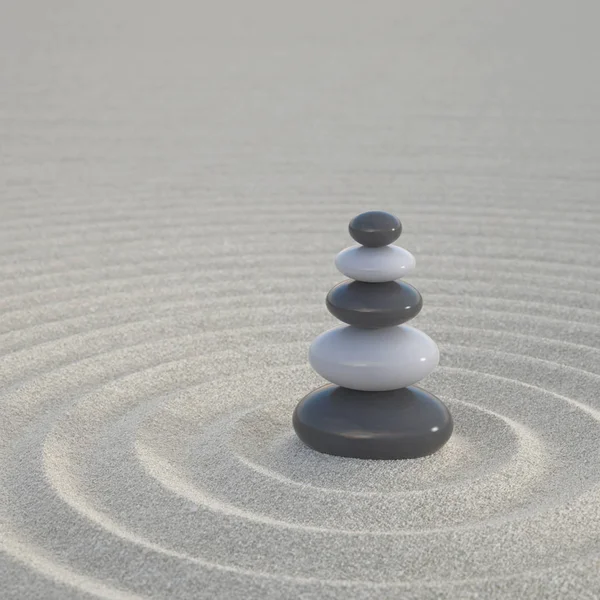 Tmavobílé Zenové Kameny Naskládané Širokém Písku Symbolizují Klid Relaxaci — Stock fotografie