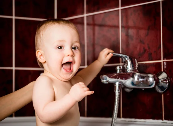 Cute Baby Playing Water Tap Bathroom — Stock Photo, Image