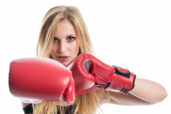 Mujer Rubia Joven Con Guantes Boxeo Rojos —  Fotos de Stock