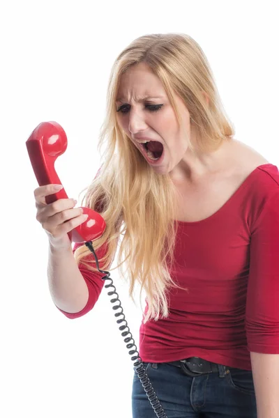 Annoyed Woman Shouting Telephone Receiver — Stock Photo, Image