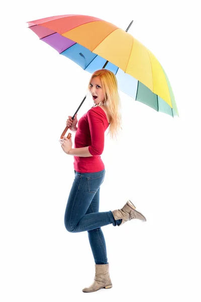 Blond Ung Kvinna Med Paraply — Stockfoto