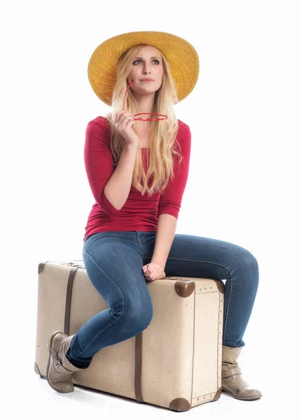 Woman Sitting Suitcase Waiting — Stock Photo, Image