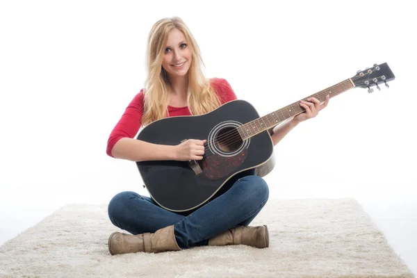 Jovem Loira Mulher Com Guitarra — Fotografia de Stock