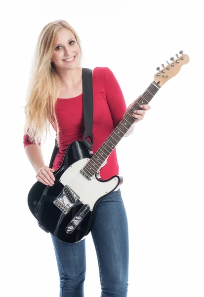 Une Femme Blonde Jouant Sur Une Guitare Électrique — Photo