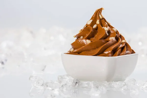 Iogurte Castanho Congelado Saboroso Tigela Branca Cercado Por Gelo Mesa — Fotografia de Stock