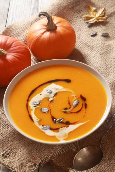 Homemade Pumpkin Soup Thanksgiving Dinner Fresh Ingredients Decorated Cream Soy — Stock Photo, Image