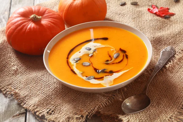 Bowl Delicious Hot Fresh Homemade Pumpkin Soup Ingredients Square Rustic — Stock Photo, Image