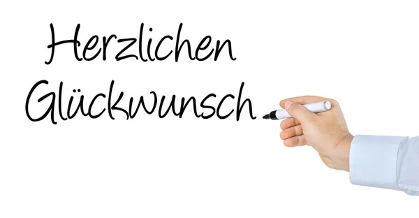 Hand Mit Stift Schreibt Glückwünsche — Stockfoto