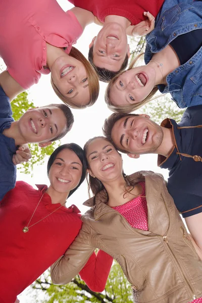 Happy Smiling Group Young Friends Staying Together Outdoor Park — Stock Photo, Image