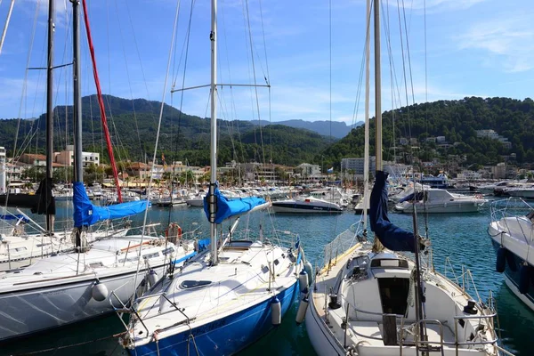 Mallorca Soller Παραλία Λιμάνι Πλοία Βάρκες Ισπανία — Φωτογραφία Αρχείου