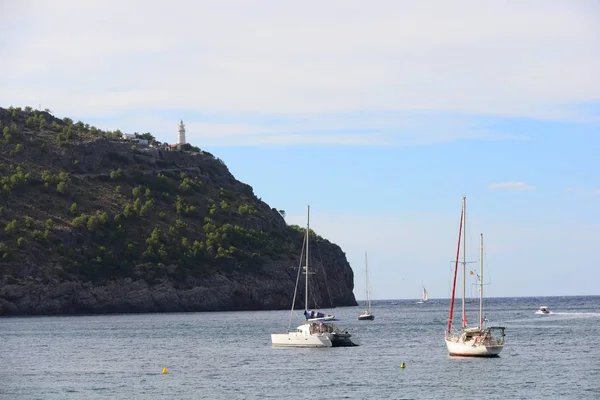 Mallorca Soller Strand Hafen Schiffe Boote Spanien — Stockfoto